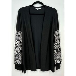 Chicos Open Front Cardigan Size L Black White Paisley Sleeve Knit Boho Artsy